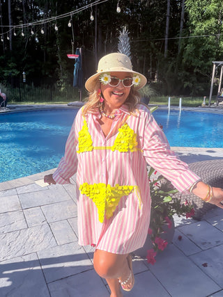 Queen Of Sparkles | Pink Striped Yellow Paillette Bikini Tunic