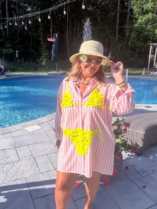 Queen Of Sparkles | Pink Striped Yellow Paillette Bikini Tunic
