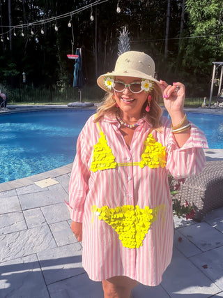 Queen Of Sparkles | Pink Striped Yellow Paillette Bikini Tunic