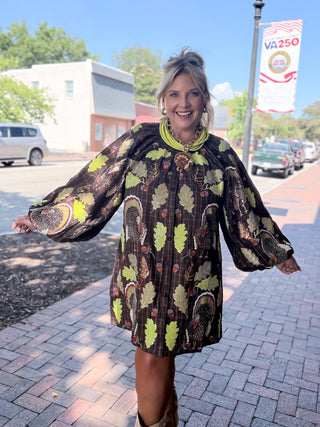 Queen of Sparkles Plaid Turkey & Leaves Button Up Dress. Thanksgiving and fall midi dress.  