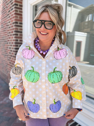 Queen Of Sparkles | Polka Dot Multi Pumpkin Button Up Top