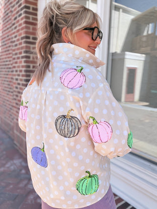 Queen Of Sparkles | Polka Dot Multi Pumpkin Button Up Top