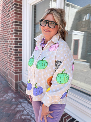 Queen Of Sparkles | Polka Dot Multi Pumpkin Button Up Top