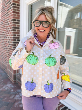 Queen Of Sparkles | Polka Dot Multi Pumpkin Button Up Top