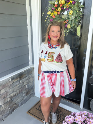 Queen Of Sparkles | Red & White Gingham Stripe Ruffle Short