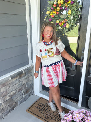 Queen Of Sparkles | Red & White Gingham Stripe Ruffle Short