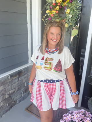 queen of sparkle red white blue ruffle short