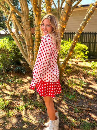 Queen Of Sparkles | Red & White Polka Dot Metallic Nutcracker Button Up Dress