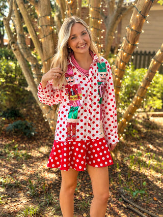 Queen Of Sparkles | Red & White Polka Dot Metallic Nutcracker Button Up Dress