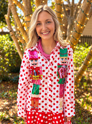 Queen Of Sparkles | Red & White Polka Dot Metallic Nutcracker Button Up Dress