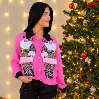 Queen Of Sparkles | Santa In Leopard Suit Button Up Cardigan