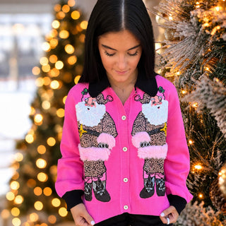 Queen Of Sparkles | Santa In Leopard Suit Button Up Cardigan