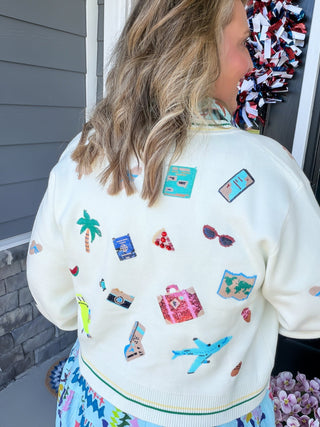 Queen Of Sparkles | Sequin "Travel Icon" Ivory Button Up Cardigan