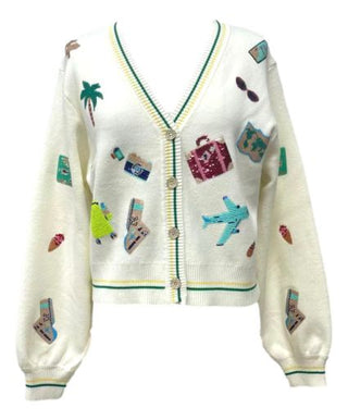 Queen Of Sparkles | Sequin "Travel Icon" Ivory Button Up Cardigan