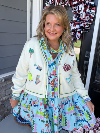 Queen Of Sparkles | Sequin "Travel Icon" Ivory Button Up Cardigan