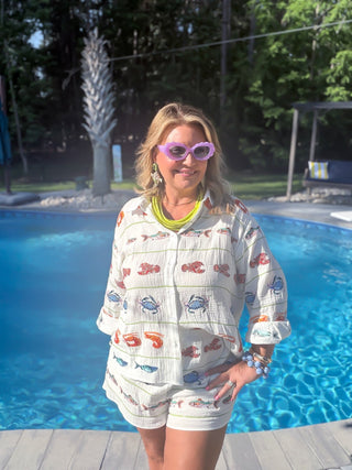 Queen Of Sparkles | Striped Seafood Gauze Button Up Top