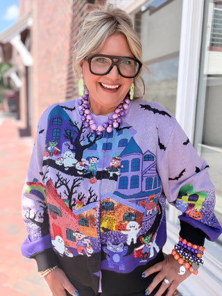 Queen of Sparkles Trick Or Treating Scene Cardigan.  Sweater with monsters and bats.  Fun Halloween top.