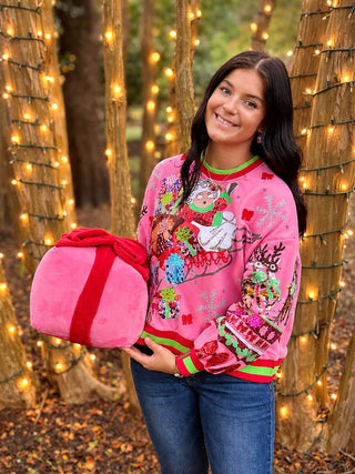 queen of sparkles sequin sweatshirt with mrs claus and sleigh with  presents.  