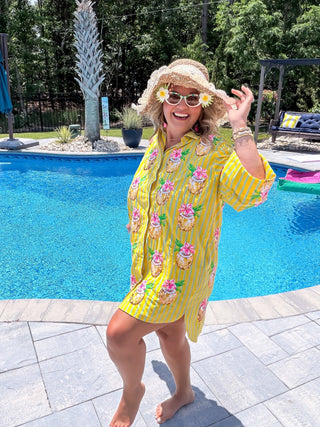 Queen Of Sparkles | Yellow Striped Coconut Drink Button Up Tunic