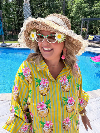 Queen Of Sparkles | Yellow Striped Coconut Drink Button Up Tunic