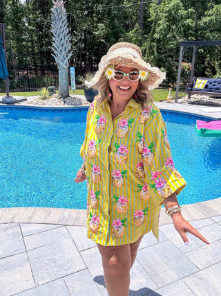 Queen Of Sparkles | Yellow Striped Coconut Drink Button Up Tunic
