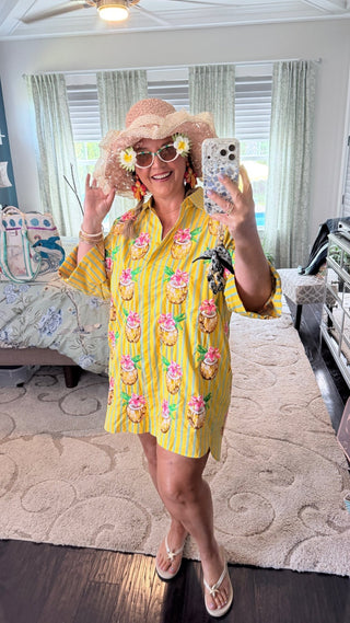 Queen Of Sparkles | Yellow Striped Coconut Drink Button Up Tunic