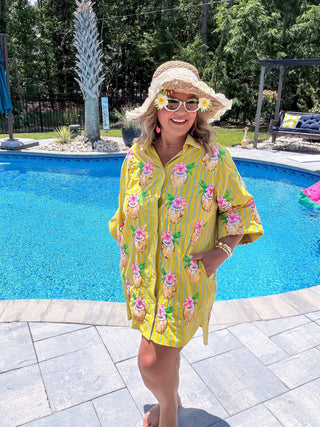 Queen Of Sparkles | Yellow Striped Coconut Drink Button Up Tunic
