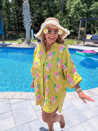 Queen Of Sparkles | Yellow Striped Coconut Drink Button Up Tunic