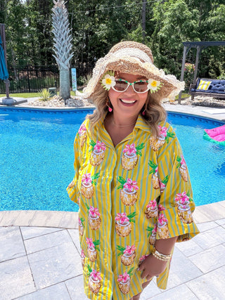 Queen Of Sparkles | Yellow Striped Coconut Drink Button Up Tunic