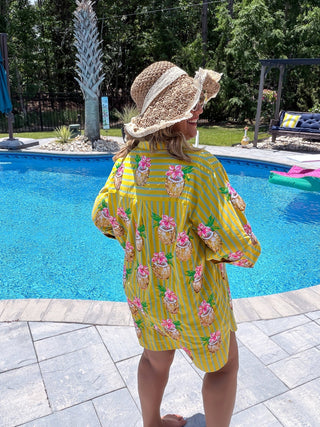 Queen Of Sparkles | Yellow Striped Coconut Drink Button Up Tunic