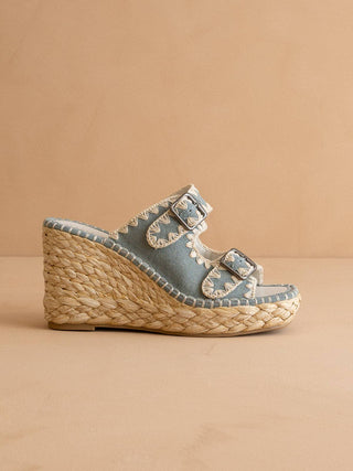 Rae Blue Embroidered Espadrille Wedges