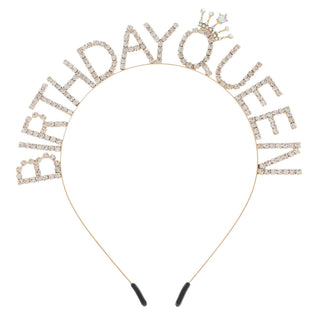 Decorative headband with 'Birthday Queen' text and rhinestone details 