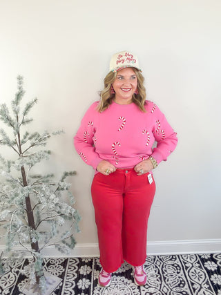 risen red crop jeans