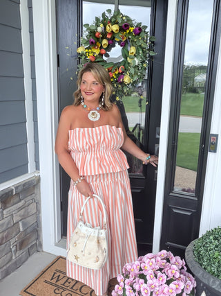 peach and white stripe top and skirt set