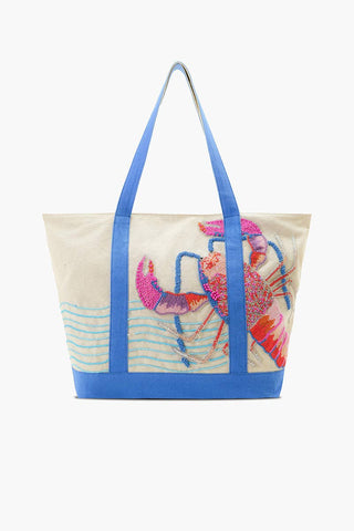 Beige tote bag with blue handles featuring a colorful lobster design.