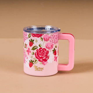 Pink garden print floral mug with a clear lid 