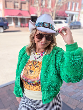 green floral fur jacket