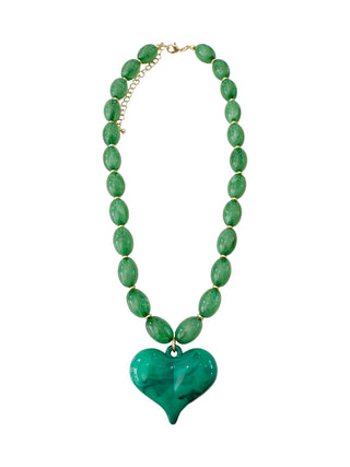 Green beaded necklace with a heart-shaped pendant 