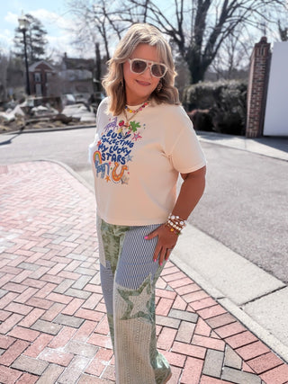 Sage Floral & Lace Patchwork Wide Leg Denim