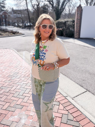 Sage Floral & Lace Patchwork Wide Leg Denim