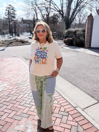 Sage Floral & Lace Patchwork Wide Leg Denim