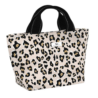The glamoflauge nooner is a leopard print lunch box with black handles from scout.