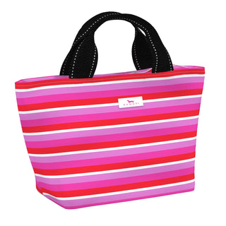 A striped lunch bag with horizontal bands of pink, red, magenta, and white, featuring black webbed handles with white stitching by scout.