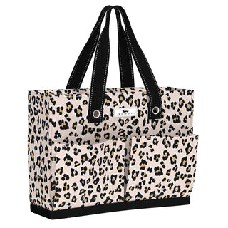 The glamoflauge uptown pocket bag is a leopard print tote bag with black handles by scout.