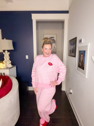 pink and white stripe pjs with lips
