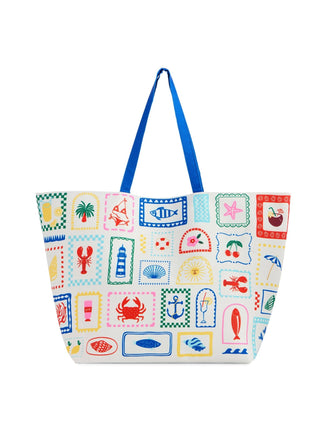 Tote bag with colorful sea-themed icons.