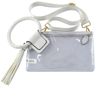 White and clear clutch bag.