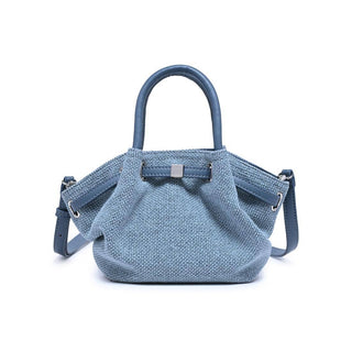 Blue woven handbag with a strap. 