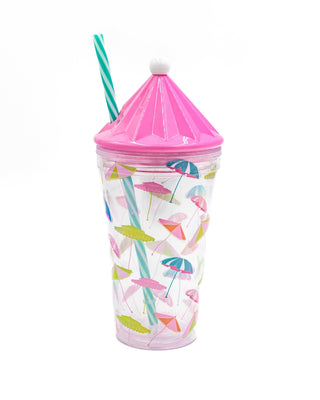 Tumbler with pink lid and umbrella pattern.