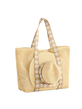 Beige straw tote bag with matching sun hat.